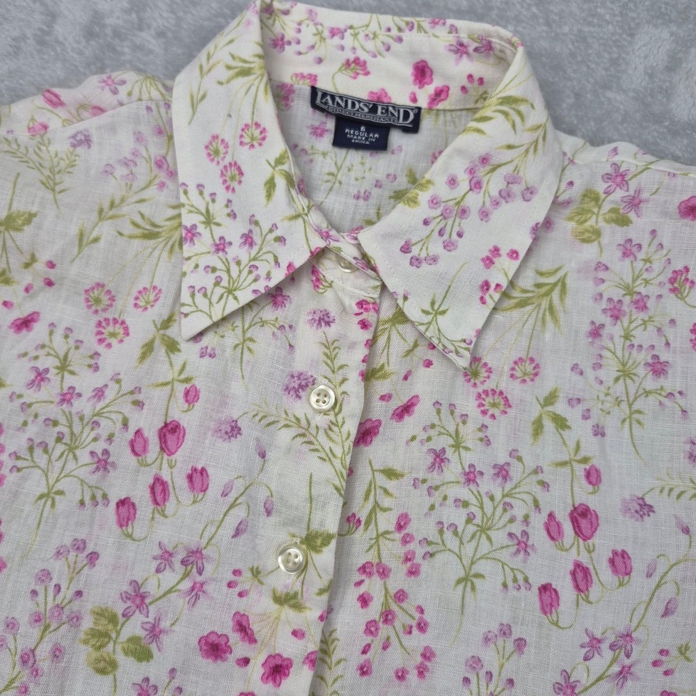 100% Linen Lands End Womens 6 Pink Floral Short Sleeve Button Up Shirt Cream